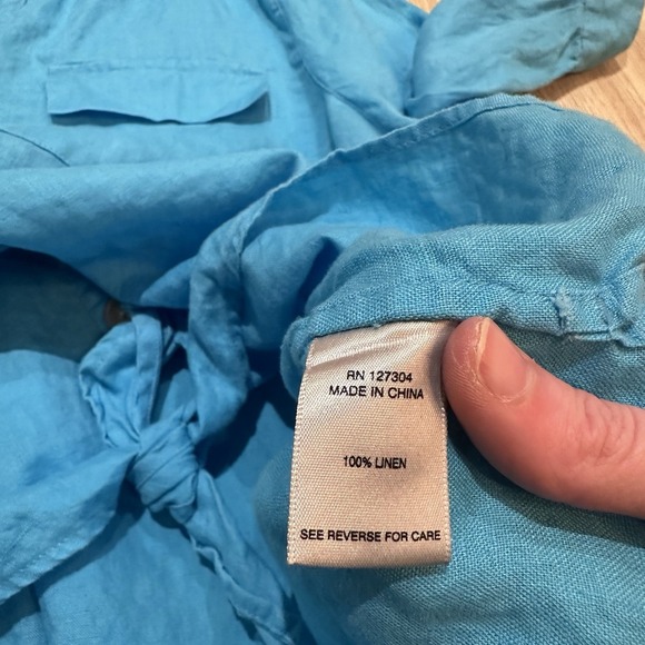 John Mark Aqua 100% Linen Top Button Up Tie Front Blouse Women's XL Boho Artsy - Picture 6 of 7